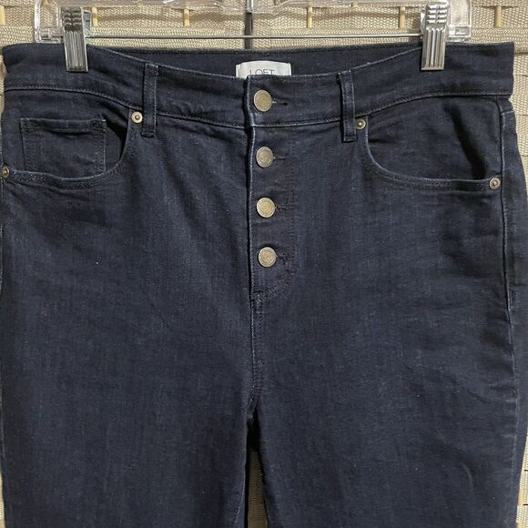 Loft Outlet HIGH RISE FLARE CROP Jeans Size 10 Dark Wash Blue Button Fly Stretch - Picture 3 of 10